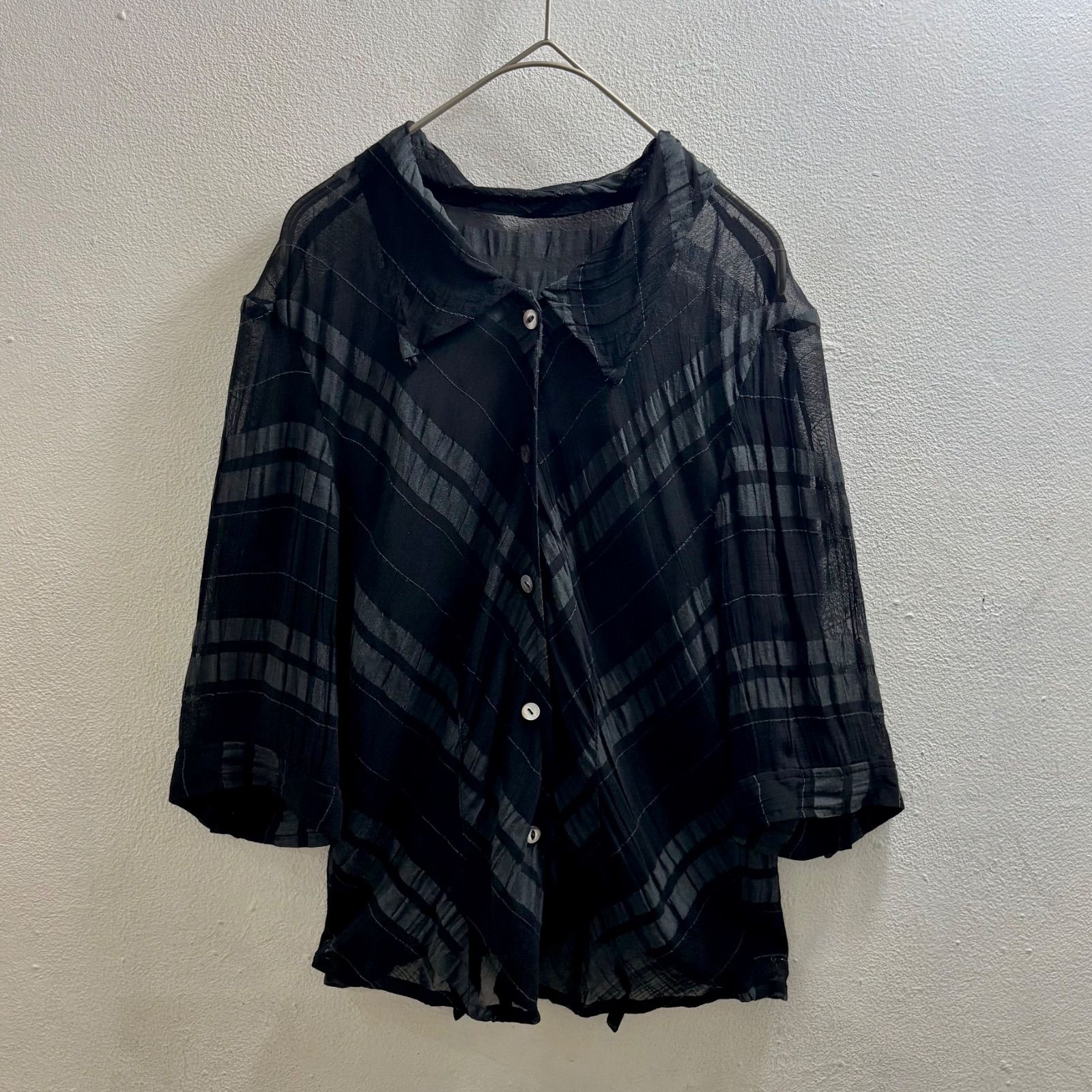 Vintage 90s シアーシャツ ヴィンテージ チェック ブラウス シースルー ブラック レア I197