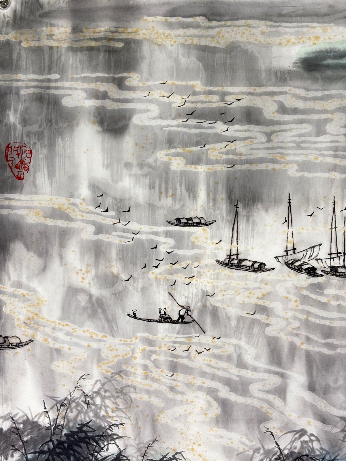 水彩画 M.225 謝天成 河邊人家図 落款印あり ＃茶掛＃古美術 #骨董品