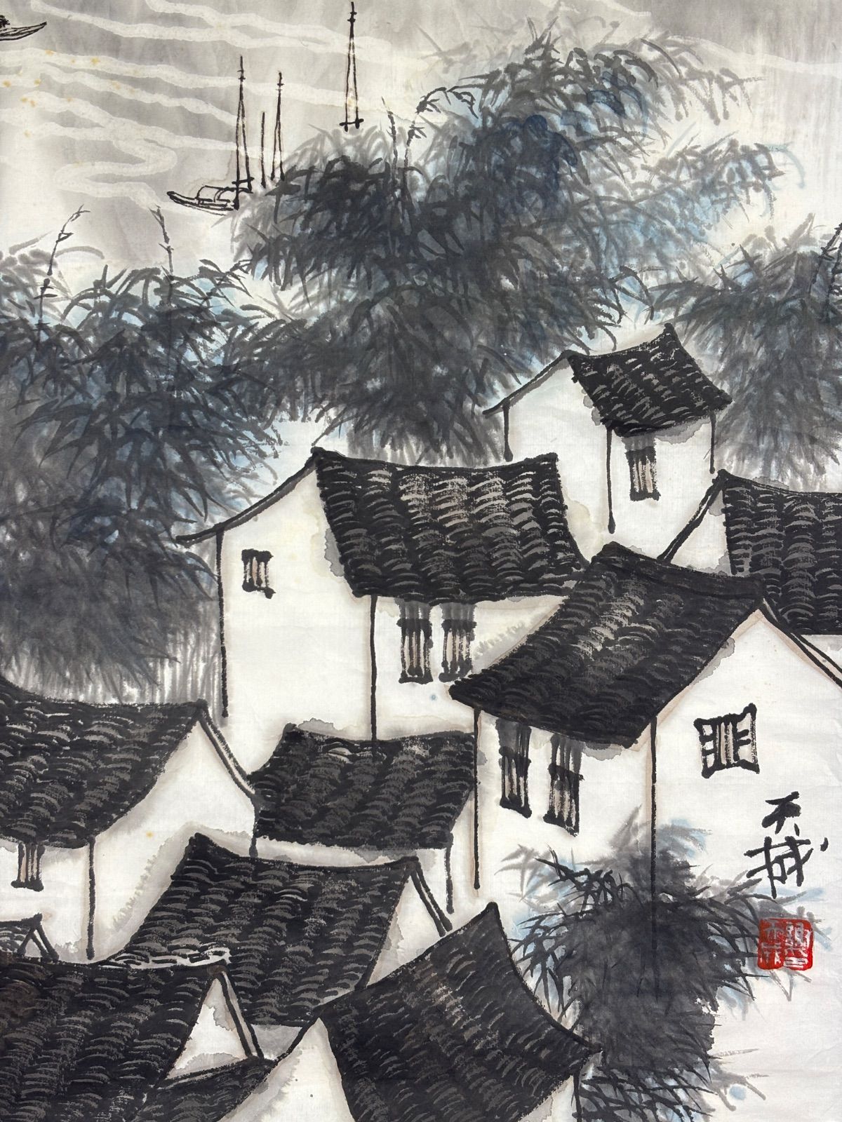 水墨画 絵額　骨董品 水彩画 M.225 謝天成 河邊人家図 落款印あり ＃茶掛＃古美術 #骨董