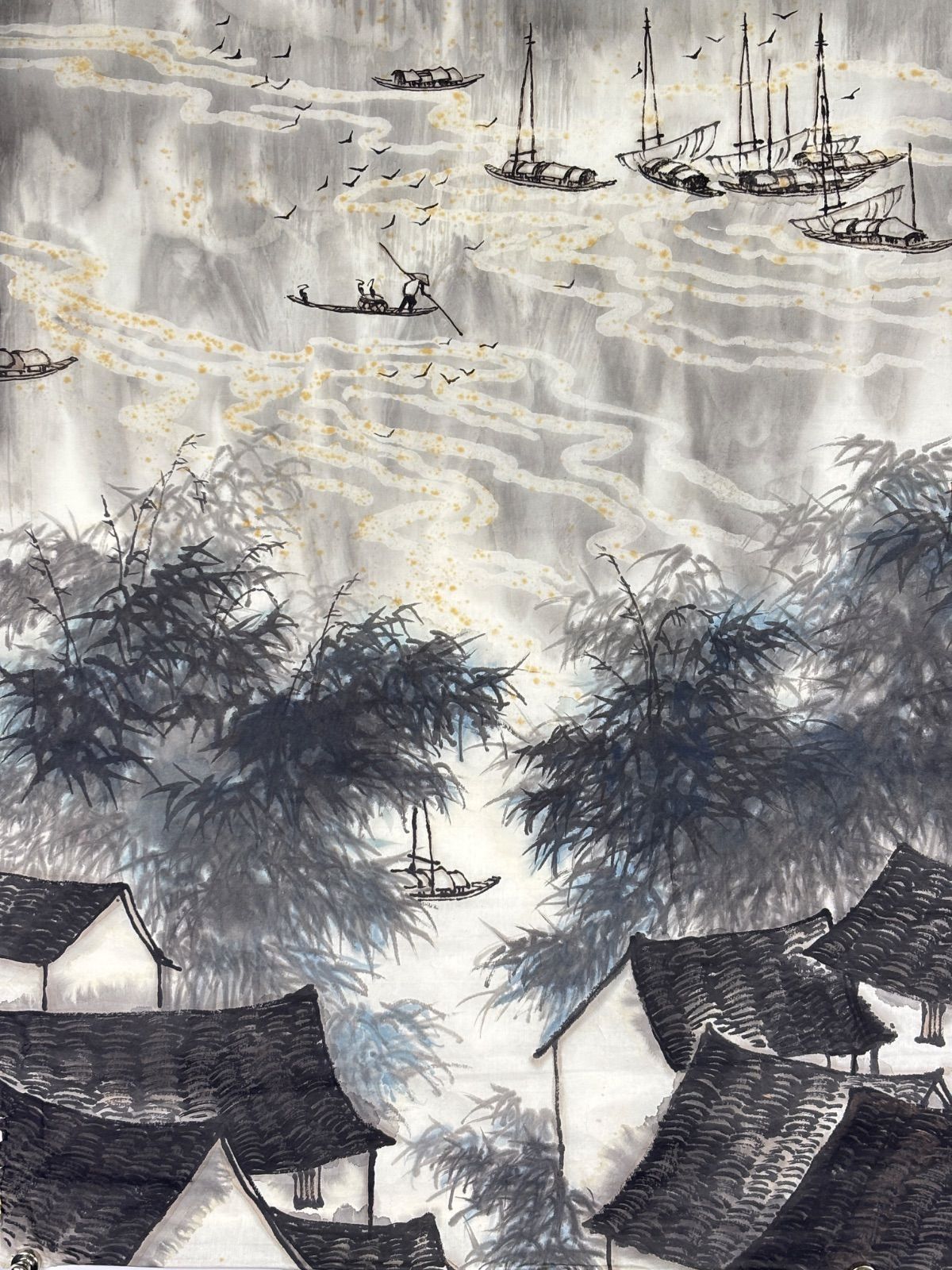 水彩画 M.225 謝天成 河邊人家図 落款印あり ＃茶掛＃古美術 #骨董