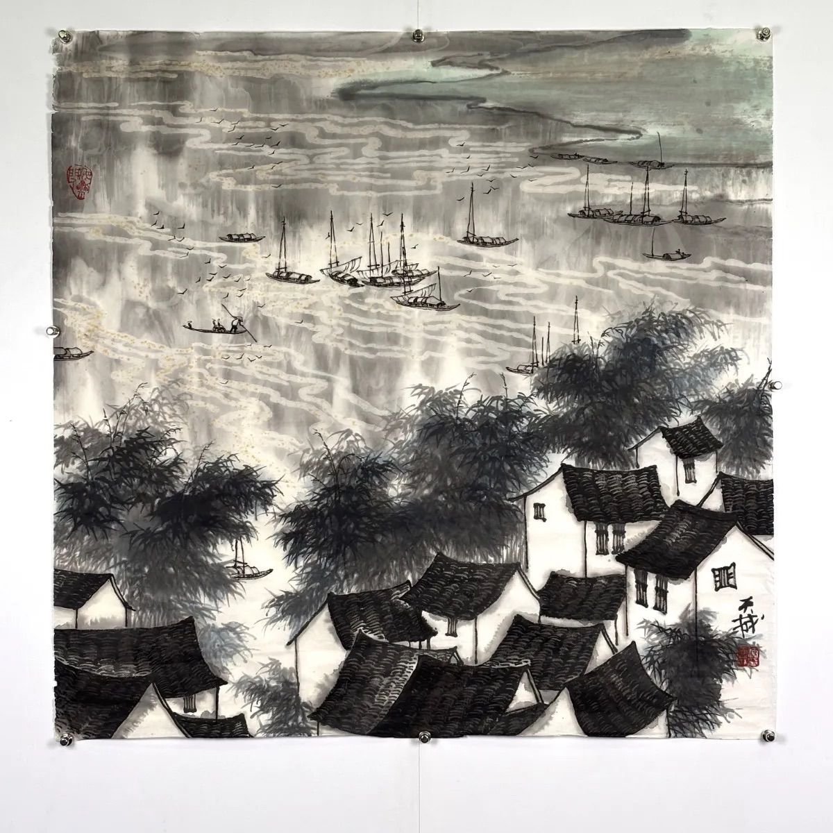 水彩画　M.225 謝天成 河邊人家図　落款印あり　　＃茶掛＃古美術 #骨董品 #まとめてお買取歓迎 #肉筆
