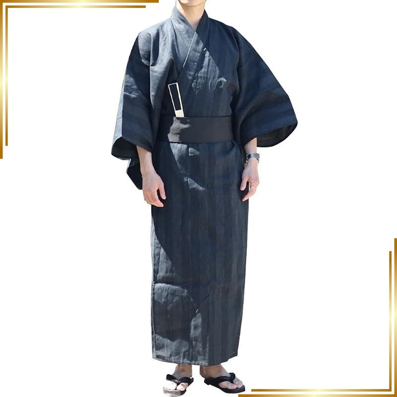 【新品】 [アーケード] 浴衣 メンズ 4点セット (帯 下駄 扇子 浴衣) ワンタッチ帯 簡単着付け 夏服 祭り 花火 ゆかた 涼しい シンプル 無地 和服 和装 紳士 L 35.水玉太黒縞-黒帯 1