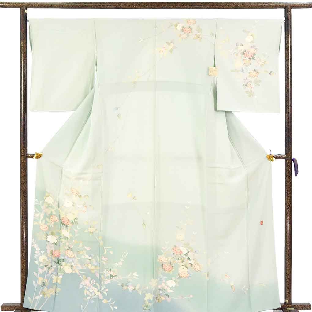 訪問着 身丈165cm 裄67cm 前幅24cm 後幅30cm 袖丈52cm 袖幅34cm レディース 袷 花柄 裄長 裄Lサイズ 秋冬春用 正絹（シルク）グリーン トールサイズ 美品 京加賀 作家もの リメイク リユース リサイクル【呉服のきくや】