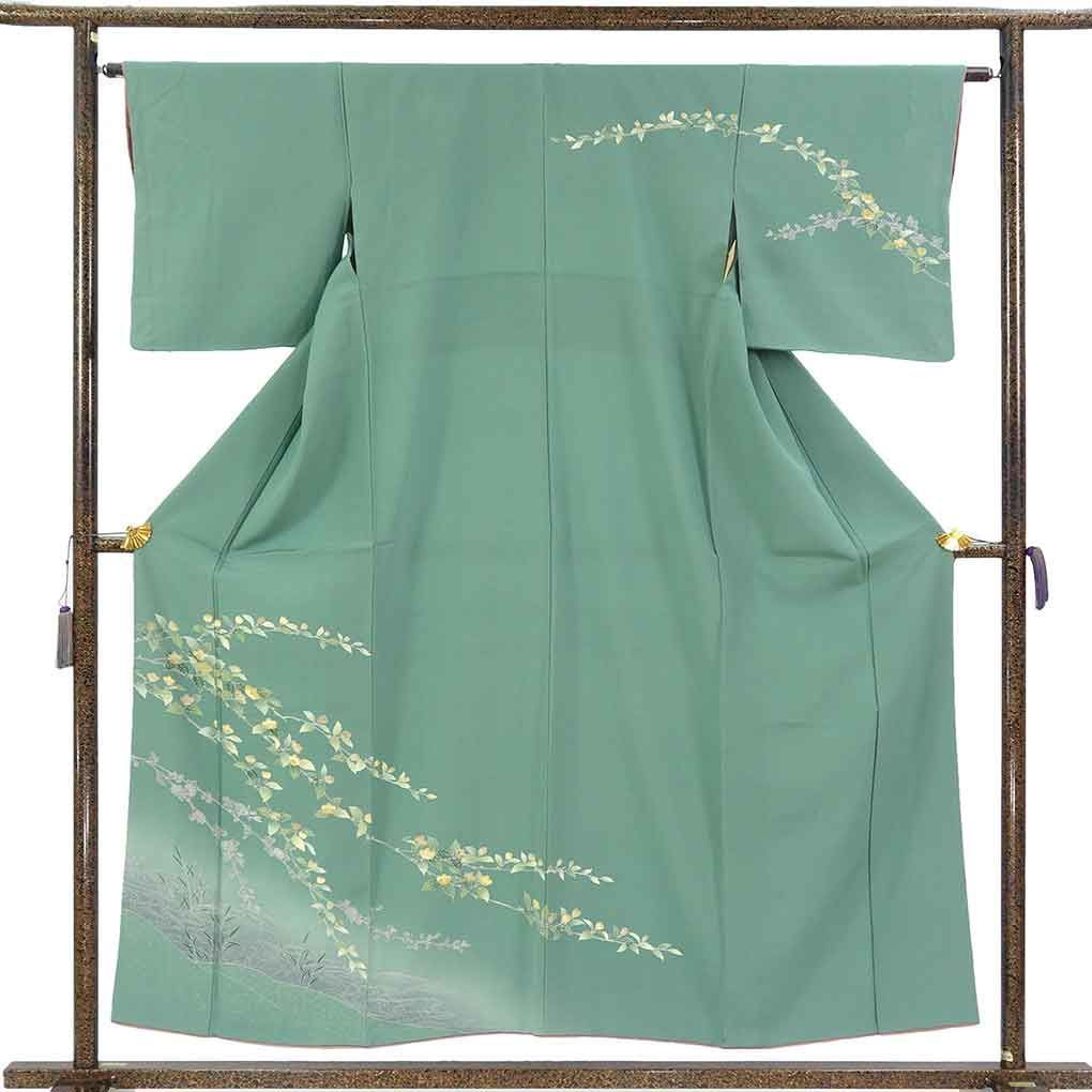 訪問着 身丈156cm 裄63cm 前幅24cm 後幅29cm 袖丈47cm 袖幅32.5cm レディース 袷 花柄 裄Mサイズ 秋冬春用 正絹（シルク）グリーン 美品 リメイク リユース リサイクル【呉服のきくや】