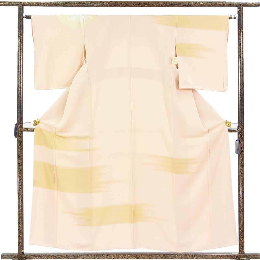訪問着 身丈156cm 裄63cm 前幅24cm 後幅28cm 袖丈50cm 袖幅32cm レディース 袷 横段柄 裄Mサイズ 秋冬春用 正絹（シルク）ピンク やや難 リメイク リユース リサイクル【呉服のきくや】