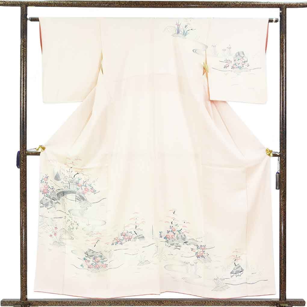 訪問着 身丈158cm 裄63cm 前幅24.5cm 後幅30cm 袖丈48.5cm 袖幅32cm レディース 袷 花柄 裄Mサイズ 秋冬春用 正絹（シルク）ピンク 美品 リメイク リユース リサイクル【呉服のきくや】