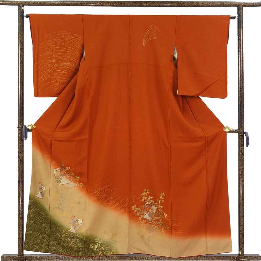 訪問着 身丈160cm 裄64cm 前幅24.5cm 後幅29.5cm 袖丈55cm 袖幅33cm レディース 袷 萩柄 裄Mサイズ 秋冬春用 正絹（シルク）ブラウン 美品 リメイク リユース リサイクル【呉服のきくや】