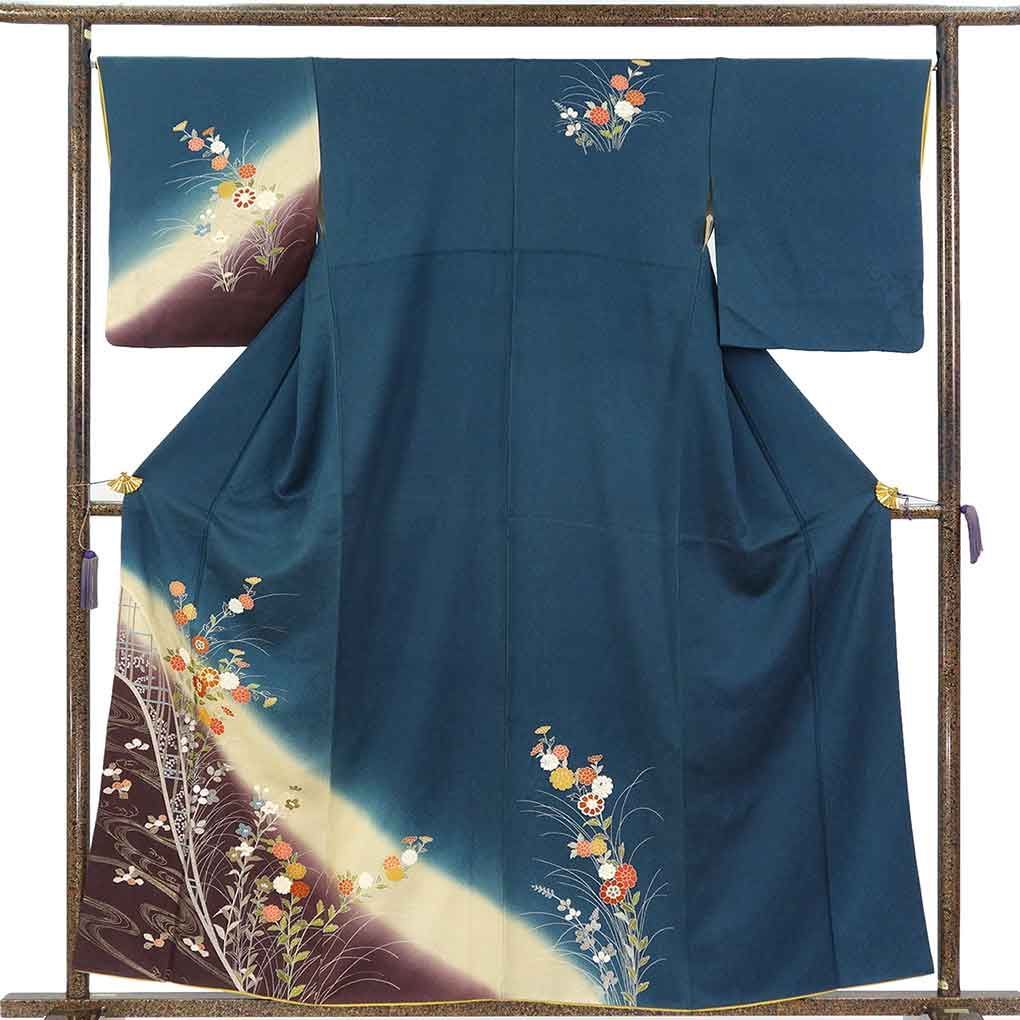訪問着 身丈159cm 裄66cm 前幅25cm 後幅31cm 袖丈49cm 袖幅34cm レディース 袷 花柄 裄長 裄M-Lサイズ 秋冬春用 正絹（シルク）ネイビー やや難 リメイク リユース リサイクル【呉服のきくや】