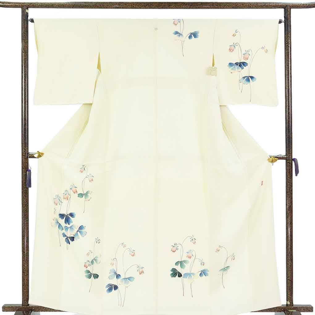 訪問着 身丈164cm 裄65cm 前幅23.5cm 後幅29cm 袖丈49cm 袖幅32.5cm レディース 袷 花柄 裄Mサイズ 秋冬春用 正絹（シルク）イエロー トールサイズ 未使用品 リメイク リユース リサイクル【呉服のきくや】