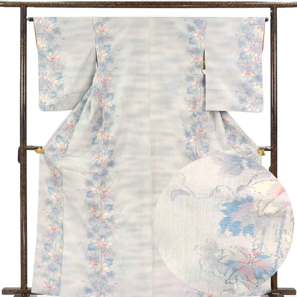 紬 身丈167cm 裄65cm 前幅22.5cm 後幅30cm 袖丈56cm 袖幅32cm レディース 袷 花柄 裄Mサイズ 秋冬春用 正絹（シルク）グレー トールサイズ 美品 リメイク リユース リサイクル【呉服のきくや】