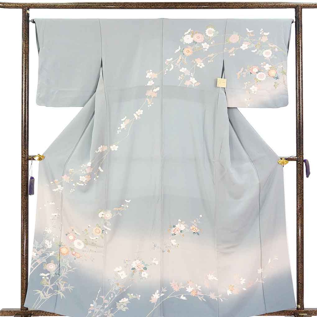 訪問着 身丈163cm 裄65cm 前幅25cm 後幅30.5cm 袖丈49cm 袖幅33cm レディース 袷 花柄 裄Mサイズ 秋冬春用 正絹（シルク）ブルー 美品 リメイク リユース リサイクル【呉服のきくや】