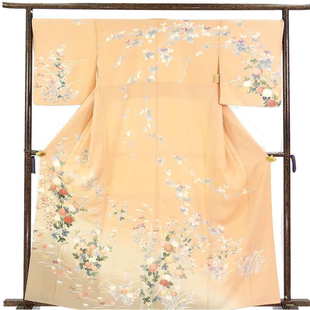 訪問着 身丈162cm 裄68cm 前幅24cm 後幅30cm 袖丈49cm 袖幅34cm レディース 袷 花柄 裄長 裄Lサイズ 秋冬春用 正絹（シルク）オレンジ やや難 リメイク リユース リサイクル【呉服のきくや】