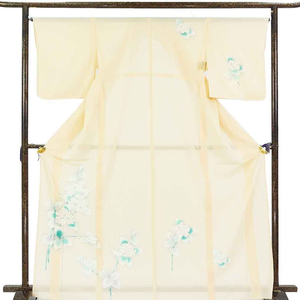 訪問着 身丈170cm 裄66cm 前幅25cm 後幅31cm 袖丈50cm 袖幅33cm レディース 紫陽花 裄長 裄M-Lサイズ 夏用 正絹（シルク）オレンジ トールサイズ やや難 リメイク リユース リサイクル【呉服のきくや】