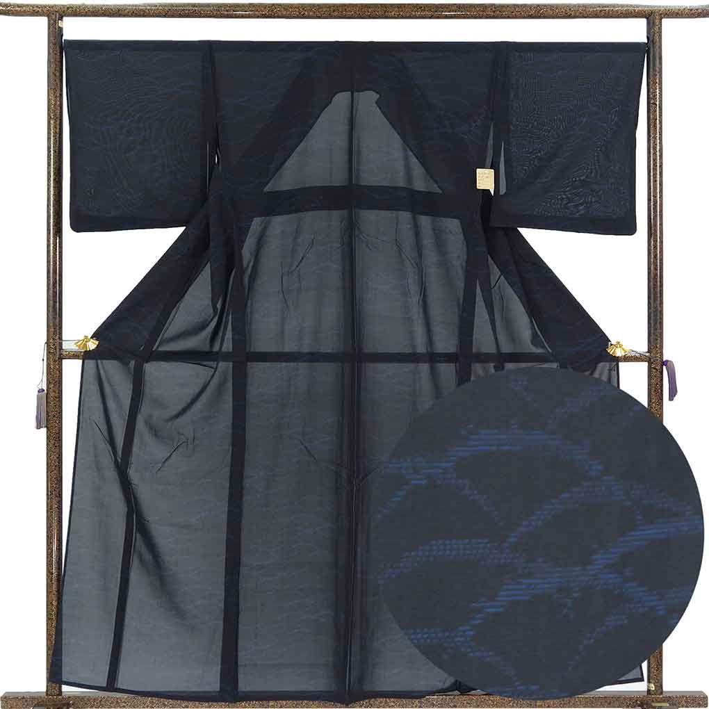 紬 身丈160cm 裄68cm 前幅28cm 後幅31.5cm 袖丈47cm 袖幅34cm レディース 露芝 裄長 裄Lサイズ 夏用 正絹(シルク)ネイビー 美品 夏大島 リメイク リユース リサイクル【呉服のきくや】
