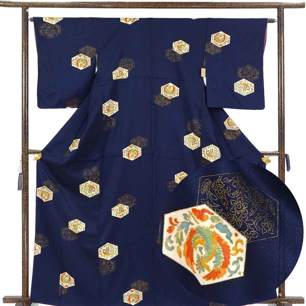小紋 身丈165cm 裄64cm 前幅23cm 後幅30.5cm 袖丈52cm 袖幅32cm レディース 袷 鳳凰 裄Mサイズ 秋冬春用 正絹（シルク）ネイビー トールサイズ やや難 リメイク リユース リサイクル【呉服のきくや】
