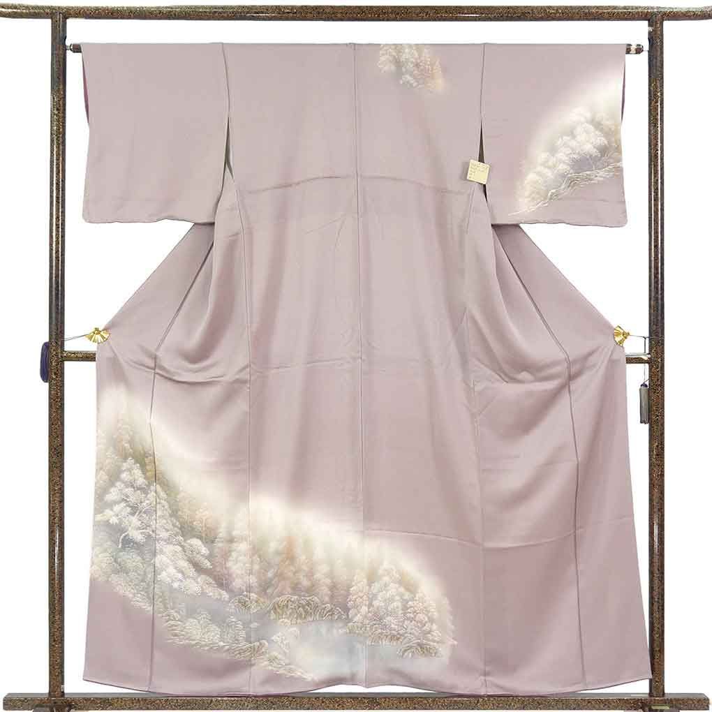 訪問着 身丈158cm 裄65cm 前幅24cm 後幅30cm 袖丈45cm 袖幅32.5cm レディース 袷 木立 裄Mサイズ 秋冬春用 正絹（シルク）パープル やや難 リメイク リユース リサイクル【呉服のきくや】