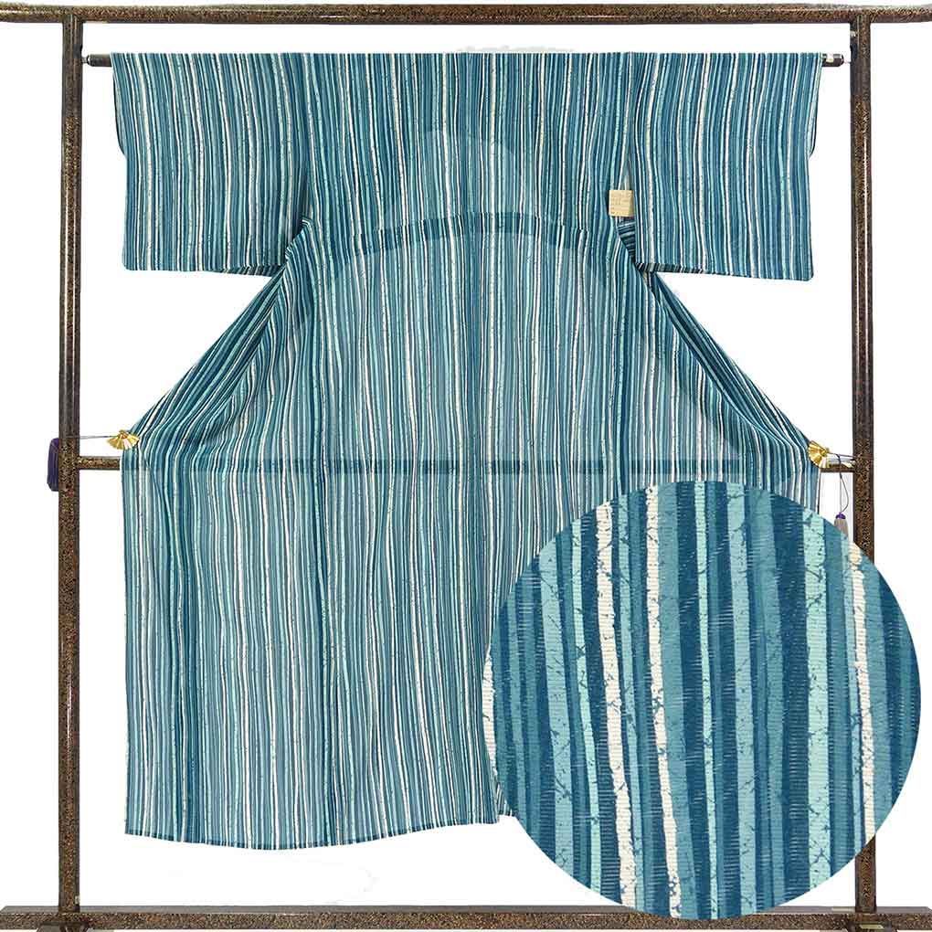 小紋 身丈150cm 裄64cm 前幅25cm 後幅30cm 袖丈43cm 袖幅32.5cm レディース 縦縞 裄Mサイズ 夏用 正絹（シルク）ブルー 美品 リメイク リユース リサイクル【呉服のきくや】