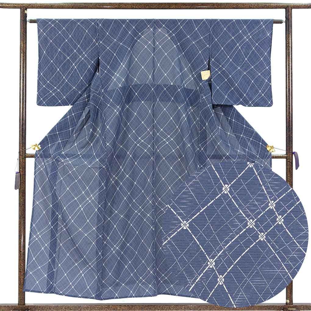 小紋 身丈157cm 裄64cm 前幅27cm 後幅31.5cm 袖丈49cm 袖幅32cm レディース 連続模様 裄Mサイズ 夏用 正絹（シルク）ネイビー やや難 リメイク リユース リサイクル【呉服のきくや】