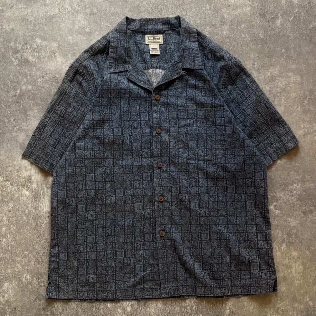 00年代 00s L.L.Bean エルエルビーン インディアン柄 コットン 半袖 オープンカラーシャツ ネイビー