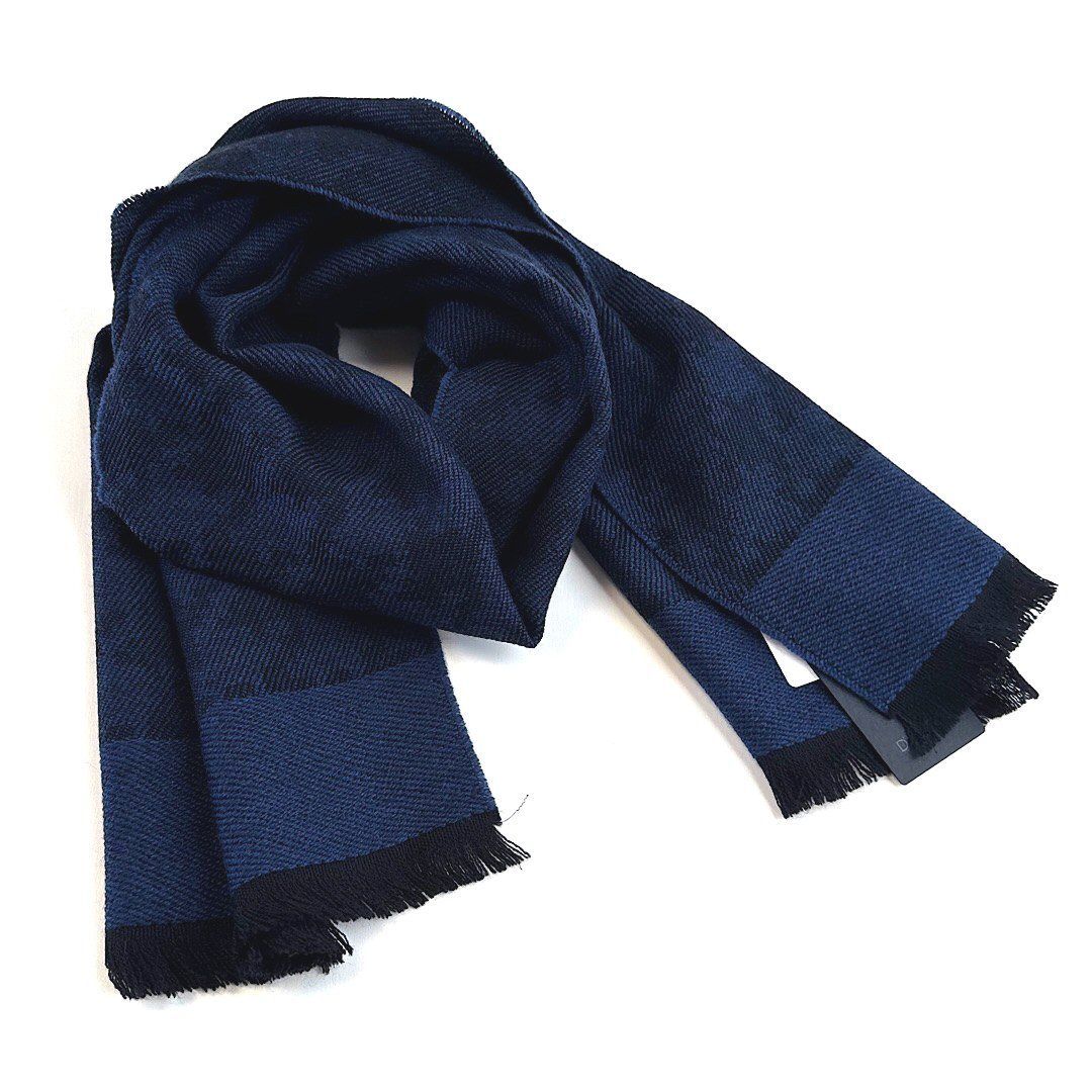 新品 ダーバン D'URBAN マフラー 定価25,300円 ブルー ネイビー系 ウール100% ビッグ千鳥柄 千鳥格子 ショートフリンジ メンズ レディース イタリア製