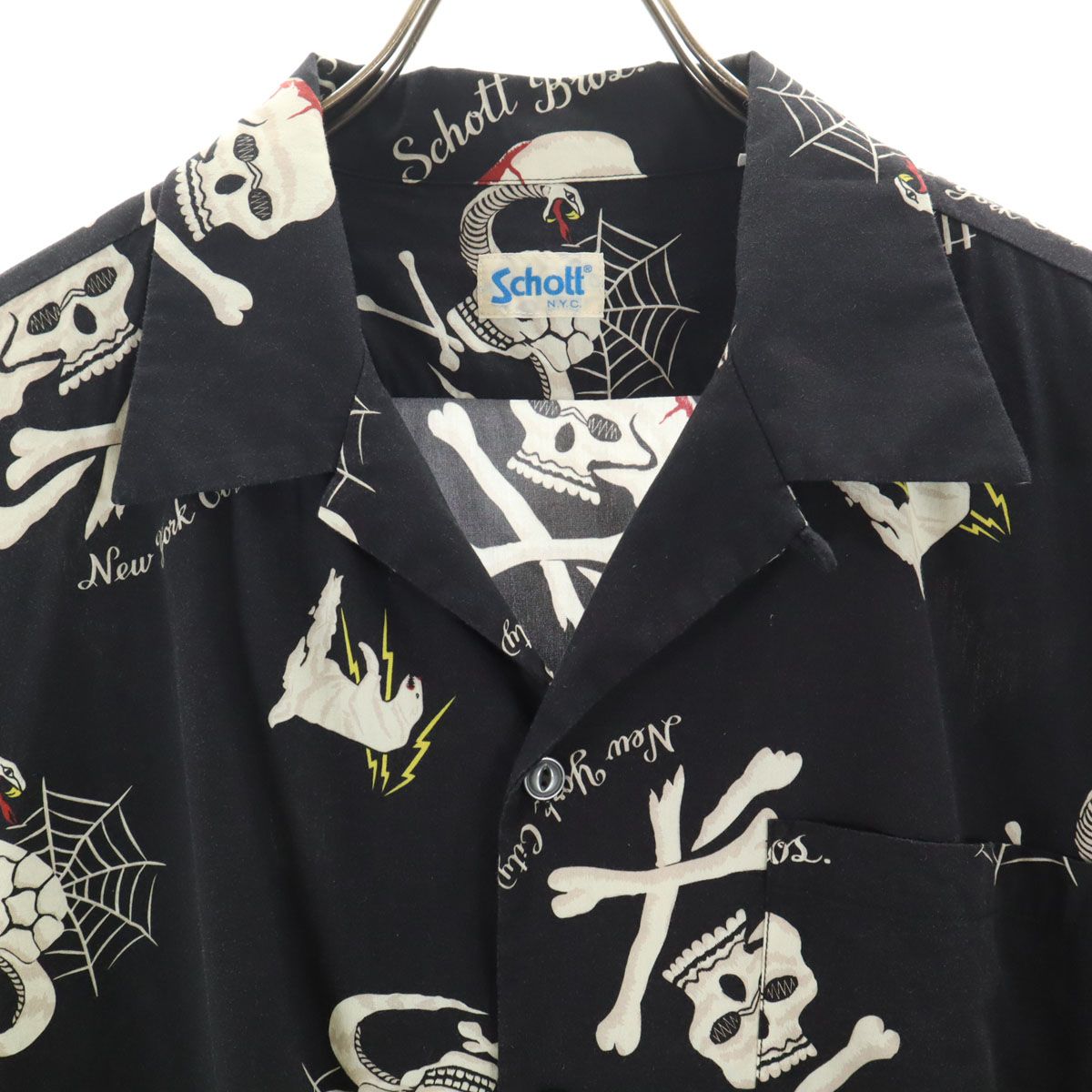 schott ショット スカル柄 半袖 アロハシャツ L ブラック メンズ 古着