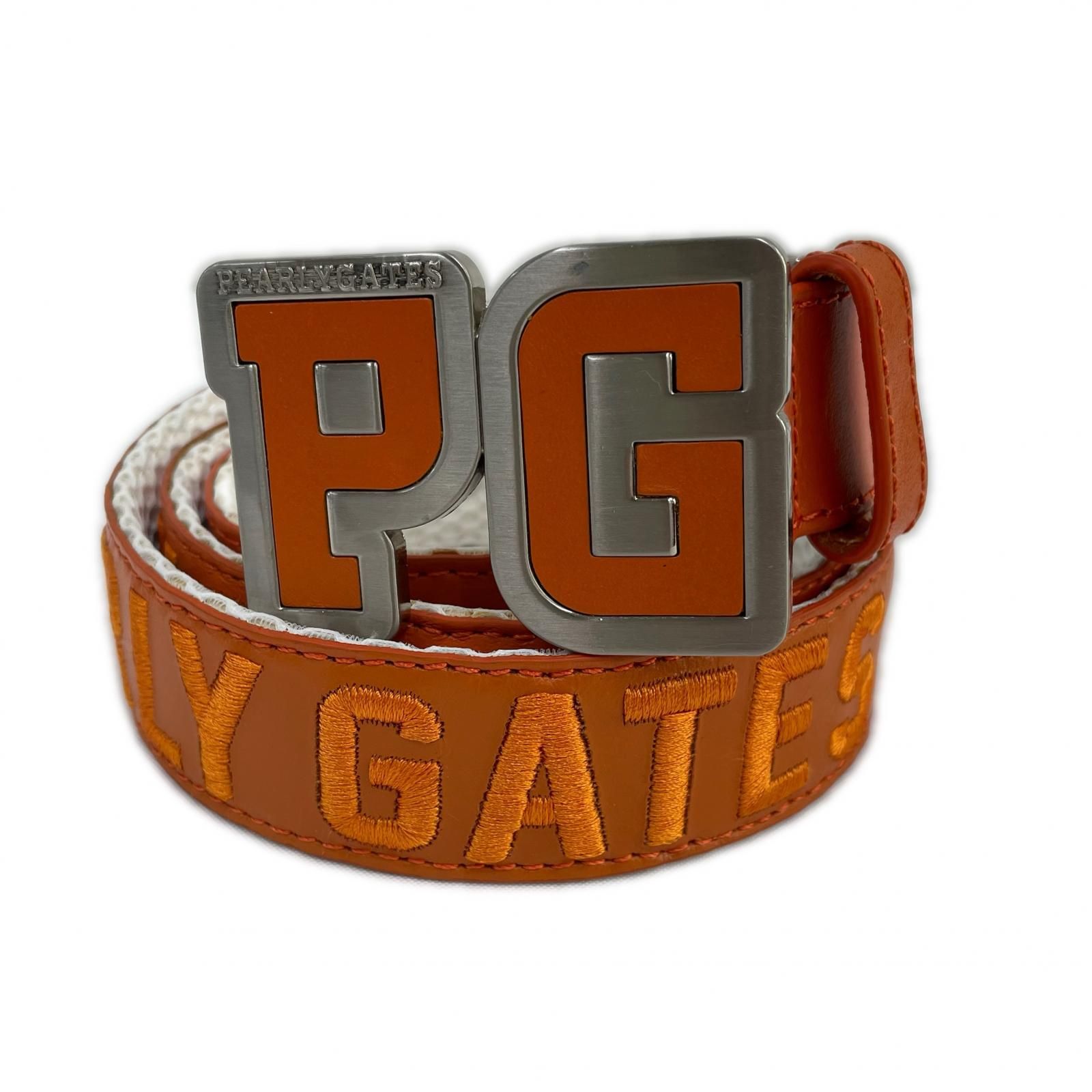美品 PEARLY GATES ゴルフベルト オレンジ ロゴ 中古 パーリーゲイツ PEARLY GATES ベルト オレンジ 裏メッシュ