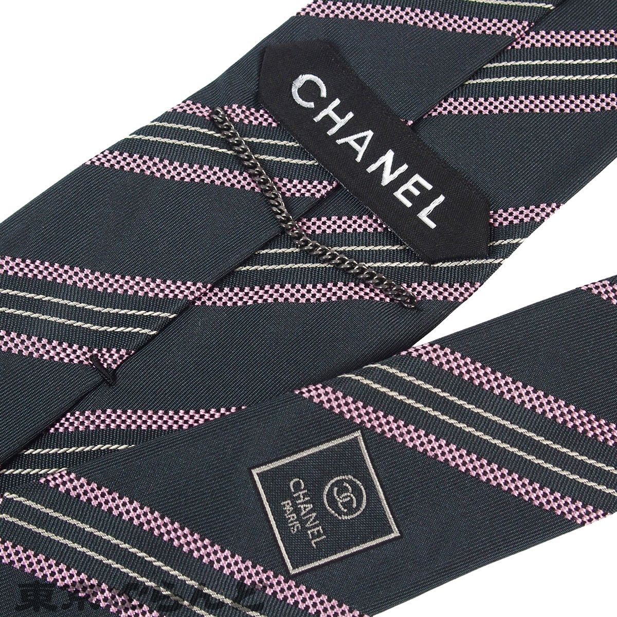 シャネル CHANEL ネクタイ ブルーグレー ピンク シルク レジメンタル