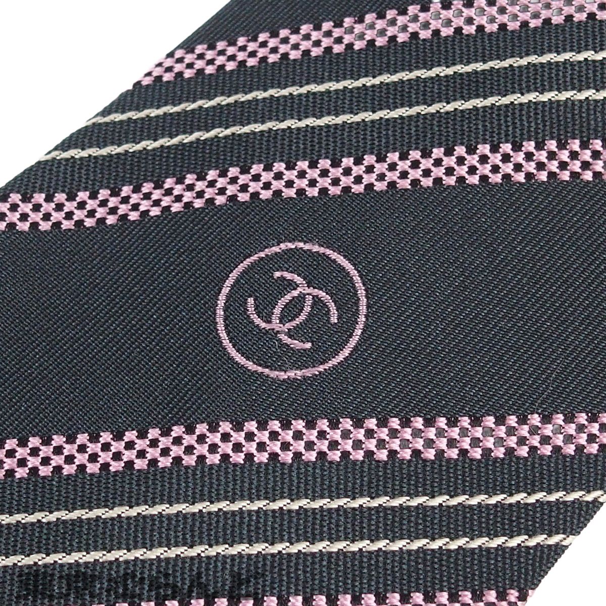 シャネル CHANEL ネクタイ ブルーグレー ピンク シルク レジメンタル
