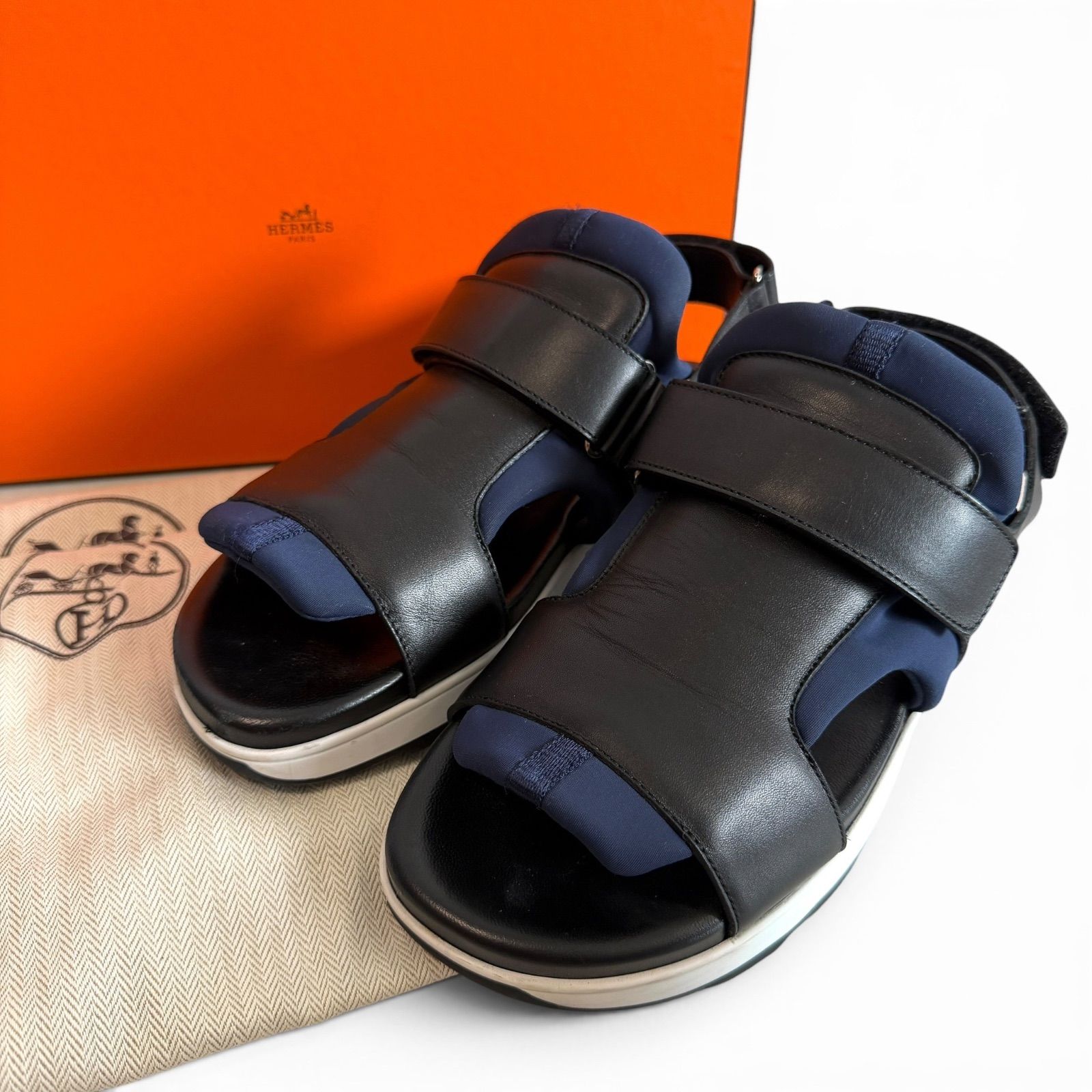 HERMES エルメス スポーツサンダル 靴 レザー ネイビー ブラック