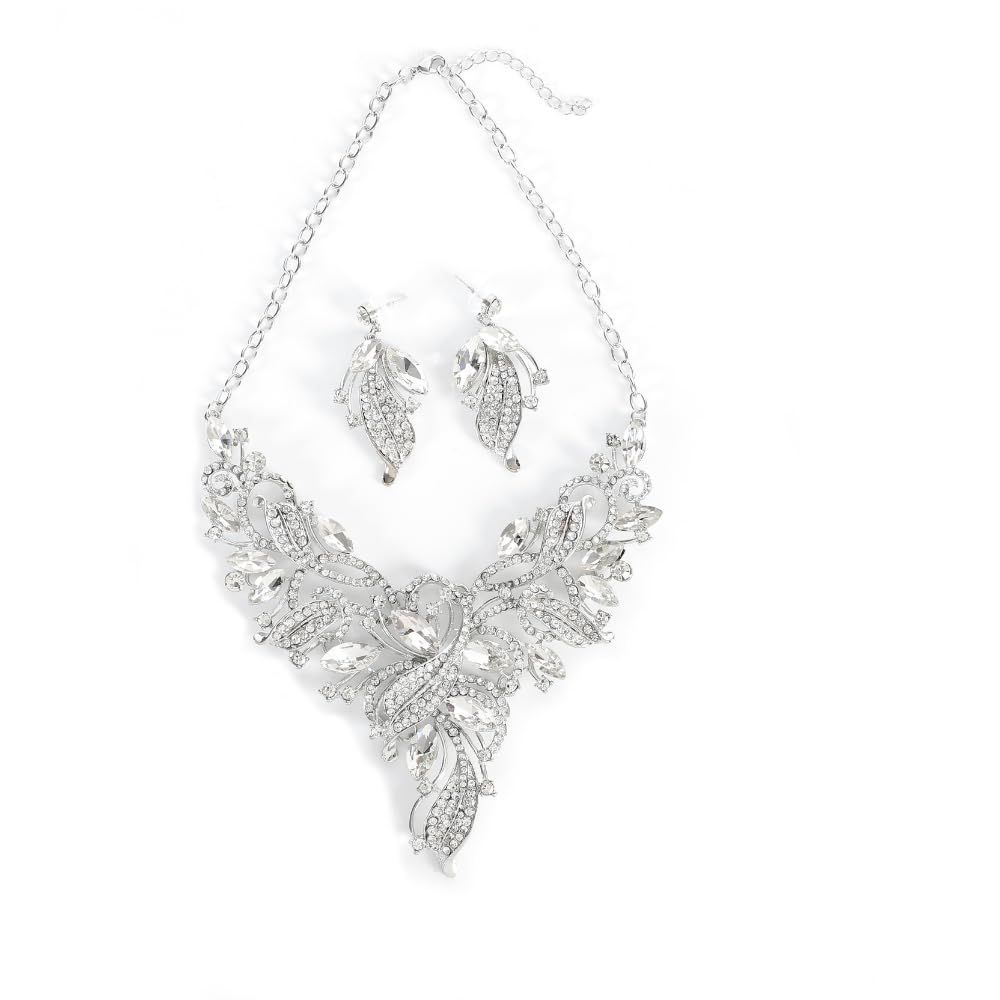 [ＫＫ　Ｓｏｌｉｓ] [日本国内検品] ネックレス ピアス セットディスクキャッチ 結婚式 パーティー 演奏会 発表会 舞台 ナイトフォーマル 大ぶり 豪華 高見えPhoenix Plume Collection（クリアシ [クリアシルバー] [ピアスセット]