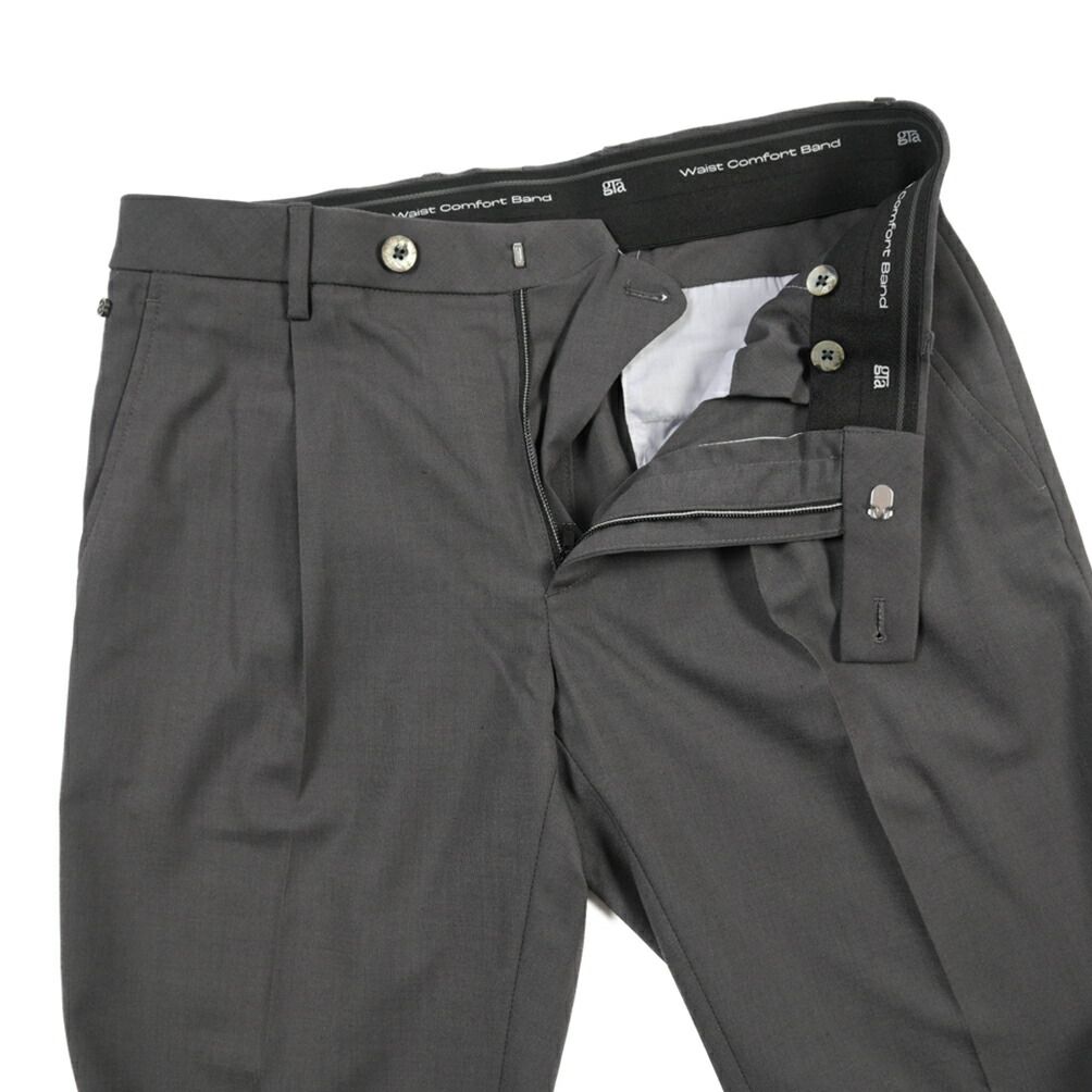 GTA ジーティーアー / RICCARDO リカルド SLIM スリム スラックス ワンタック パンツ 春夏 メンズ WAIST COMFORT BAND ポリエステル ヴァージンウール ビスコース ストレッチ ダークグレー  441475