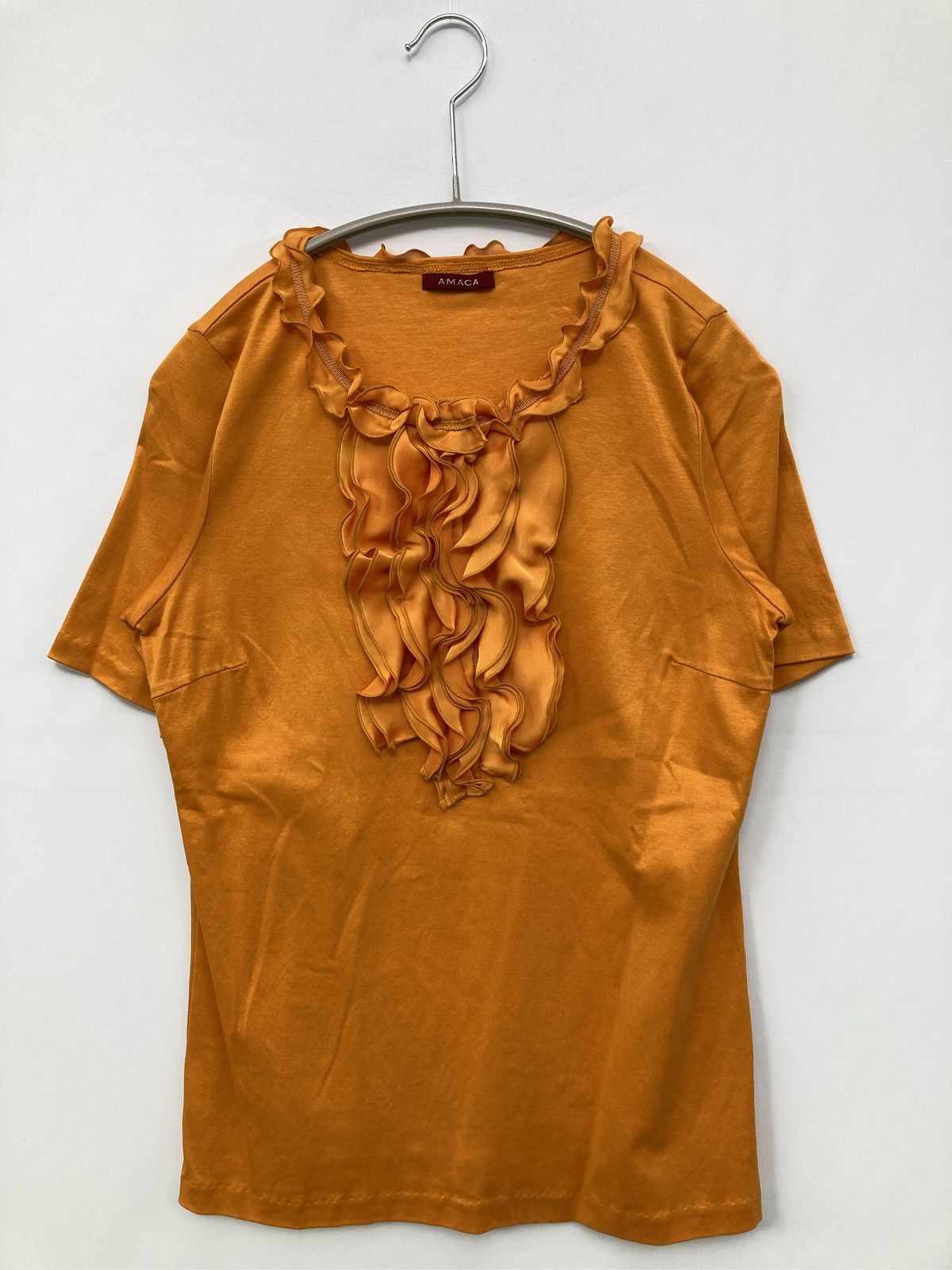 AMACA Tシャツ/カットソー 38 オレンジ 無地 フリル ミドル丈 半袖 クルーネック(丸首) レディース