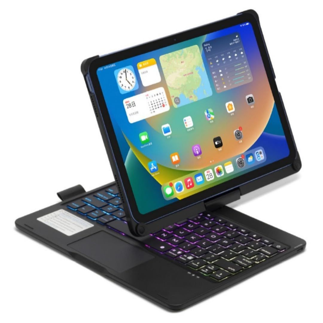 360度回転 2022 iPad 第10世代 10.9インチ/ 2025 iPad A16 (第11世代 11インチ) キーボードケース タッチパッド バックライト付き 折りたたみ アイパッド10 キーボード カバー 一体型 トラックパッド付き,ブラック