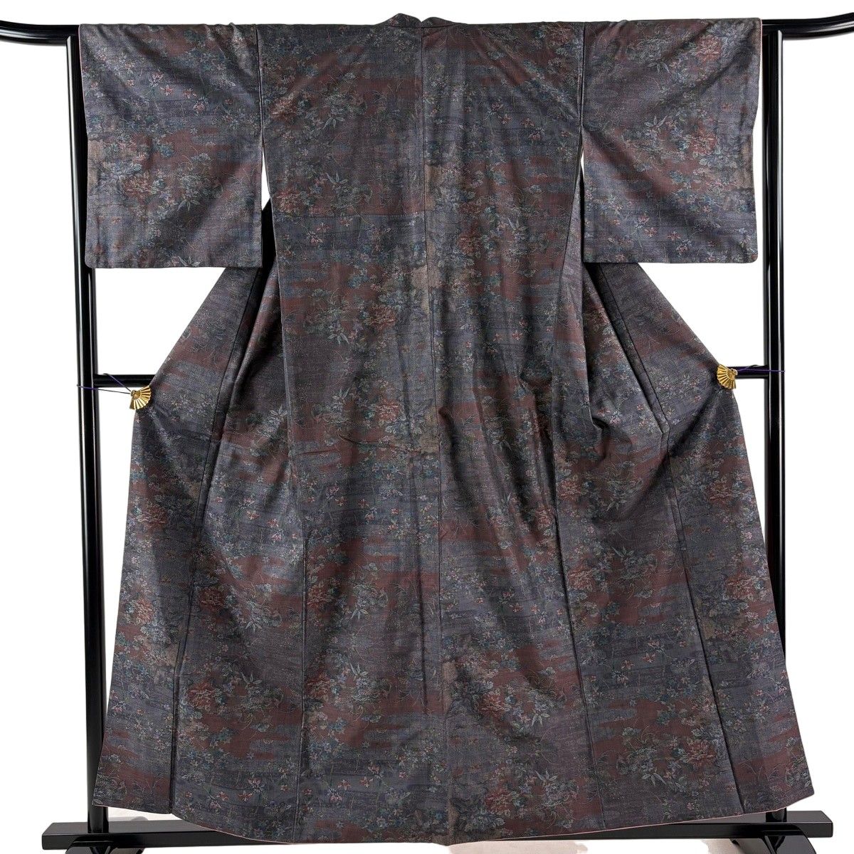 【美品】 大島紬 身丈156cm 裄丈63.5cm S 袷 都喜ヱ門 草花 霞 灰紫 正絹 逸品 【中古】