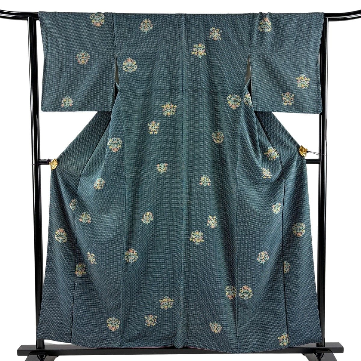 美品】 小紋 身丈158cm 裄丈64.5cm M 袷 草花 深緑 正絹 優品 【中古