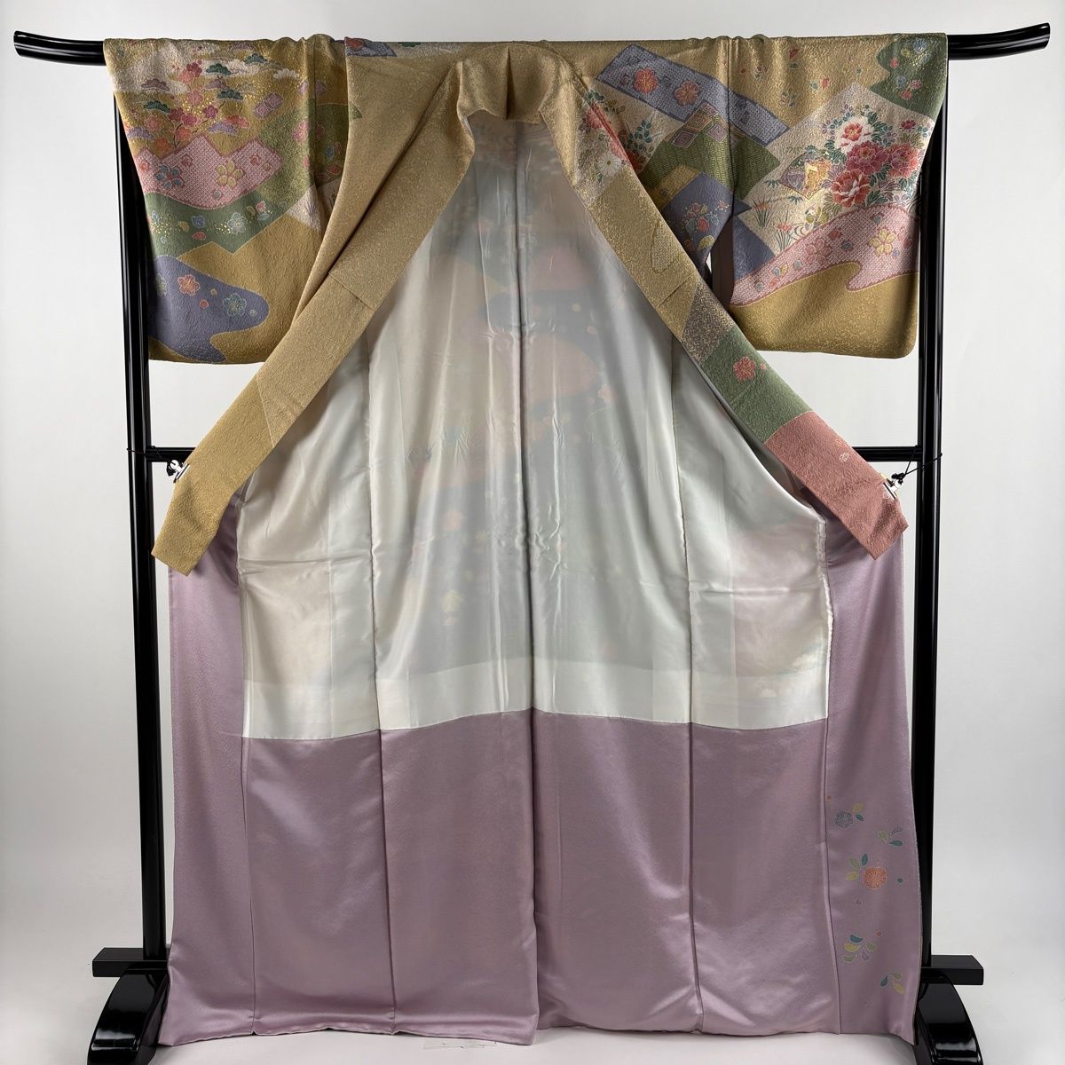 美品】 訪問着 身丈171.5cm 裄丈68.5cm L 袷 扇面 草花 金彩 灰緑 正絹 
