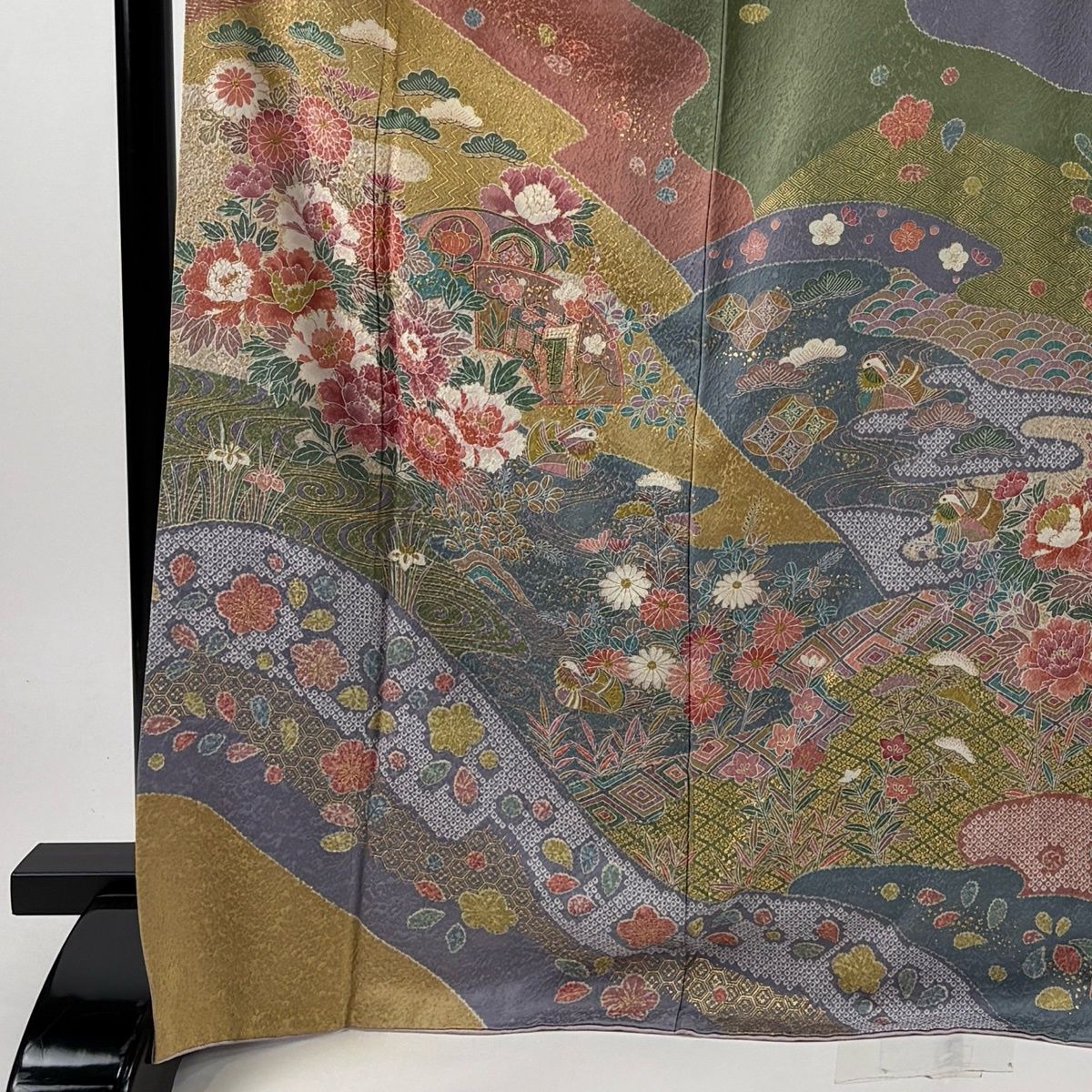 美品】 訪問着 身丈171.5cm 裄丈68.5cm L 袷 扇面 草花 金彩 灰緑 正絹 