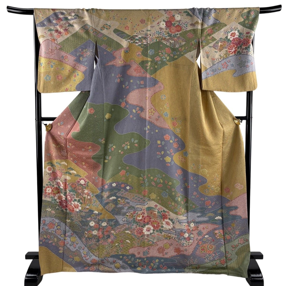 美品】 訪問着 身丈171.5cm 裄丈68.5cm L 袷 扇面 草花 金彩 灰緑 正絹 