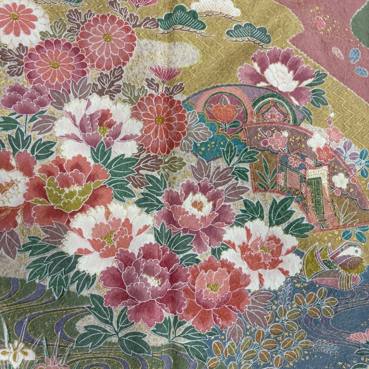 美品】 訪問着 身丈171.5cm 裄丈68.5cm L 袷 扇面 草花 金彩 灰緑 正絹 