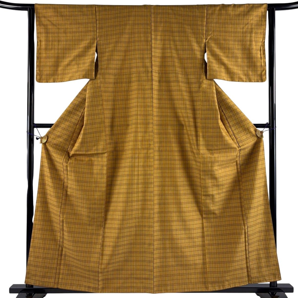 紬 身丈160cm 裄丈62.5cm S 袷 格子 黄土色 正絹 名品 【中古】