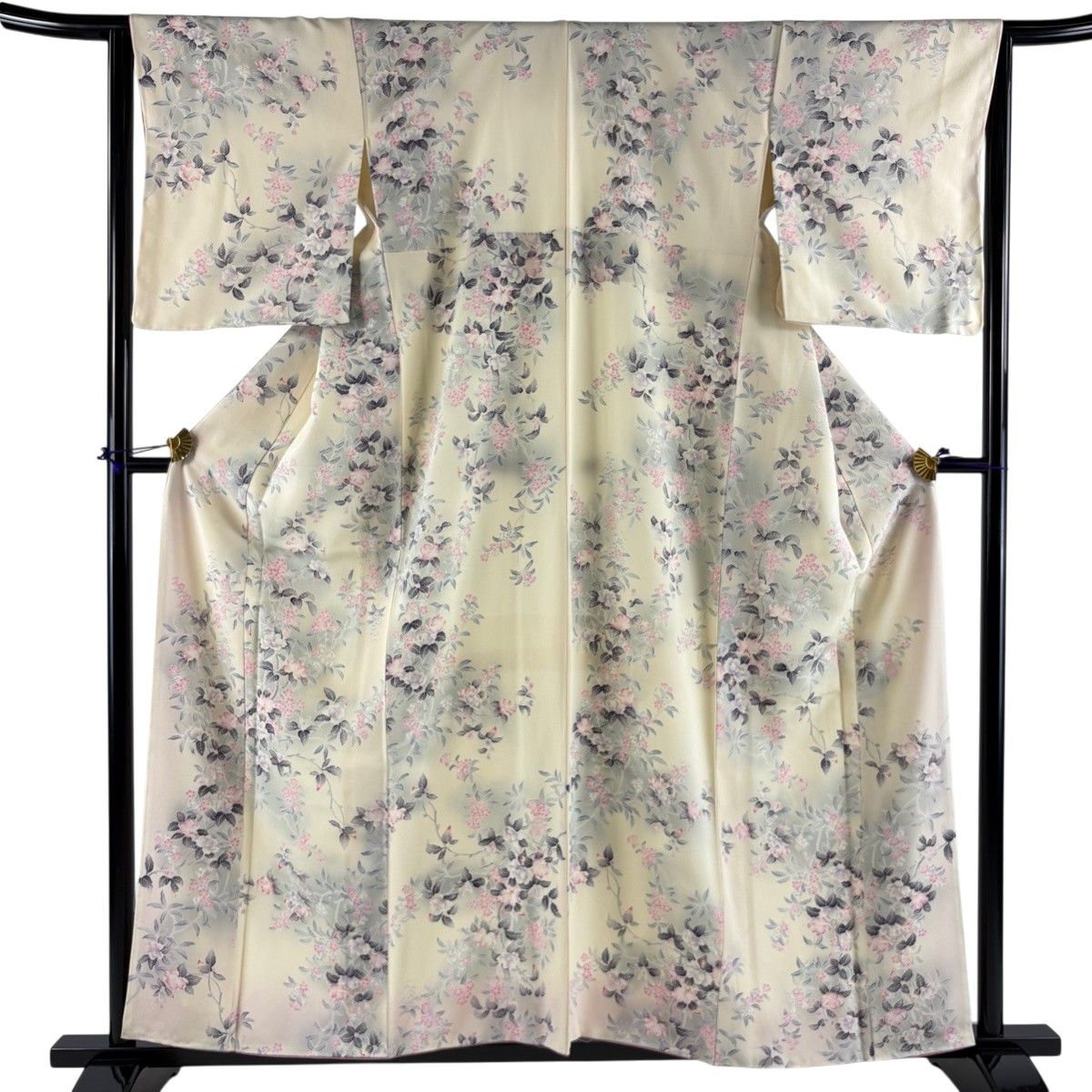 【美品】 小紋 身丈158cm 裄丈64cm M 袷 枝花 ぼかし クリーム 正絹 秀品 【中古】