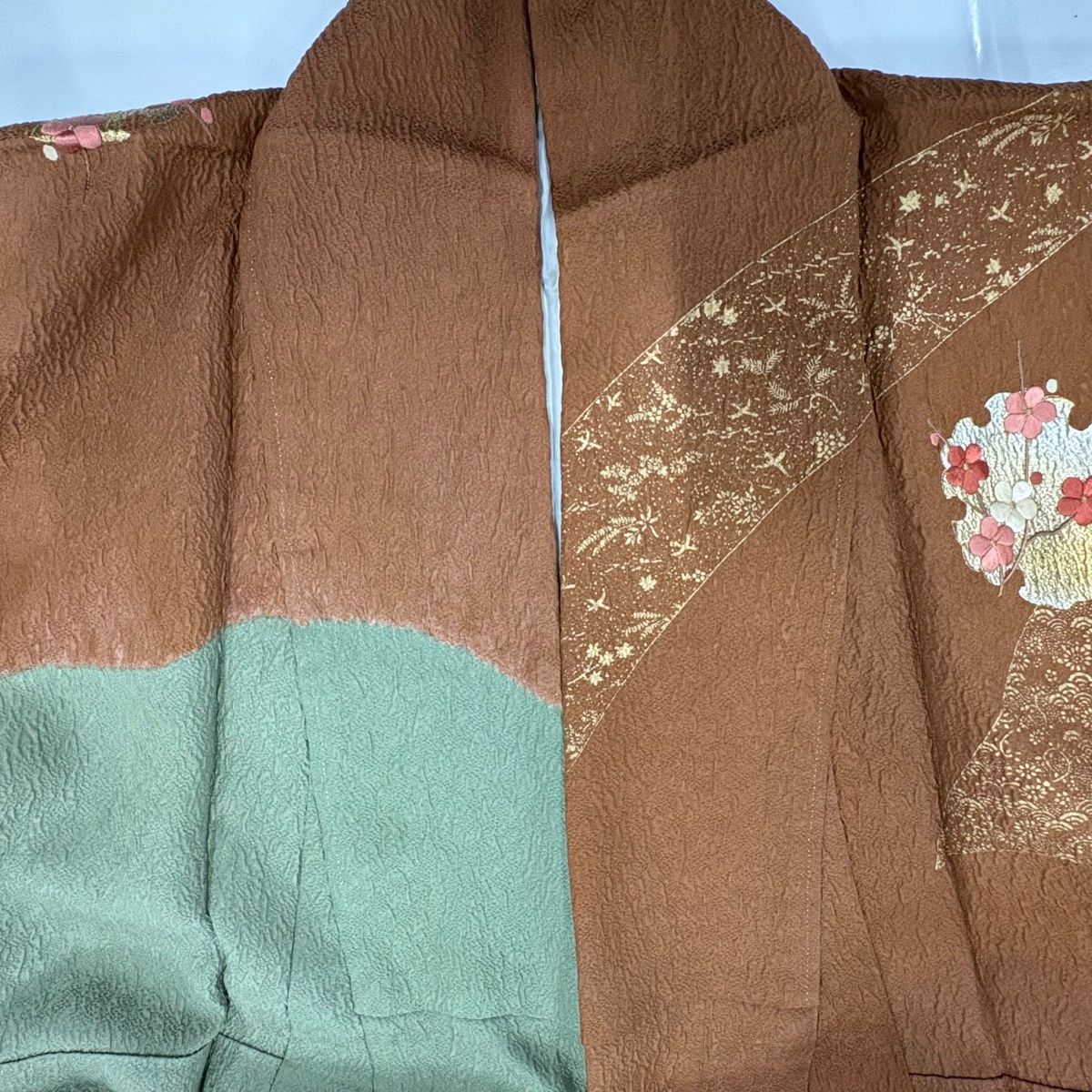 訪問着 身丈161.5cm 裄丈66cm M 袷 雪輪 枝花 刺繍 絞り 茶色 正絹 秀