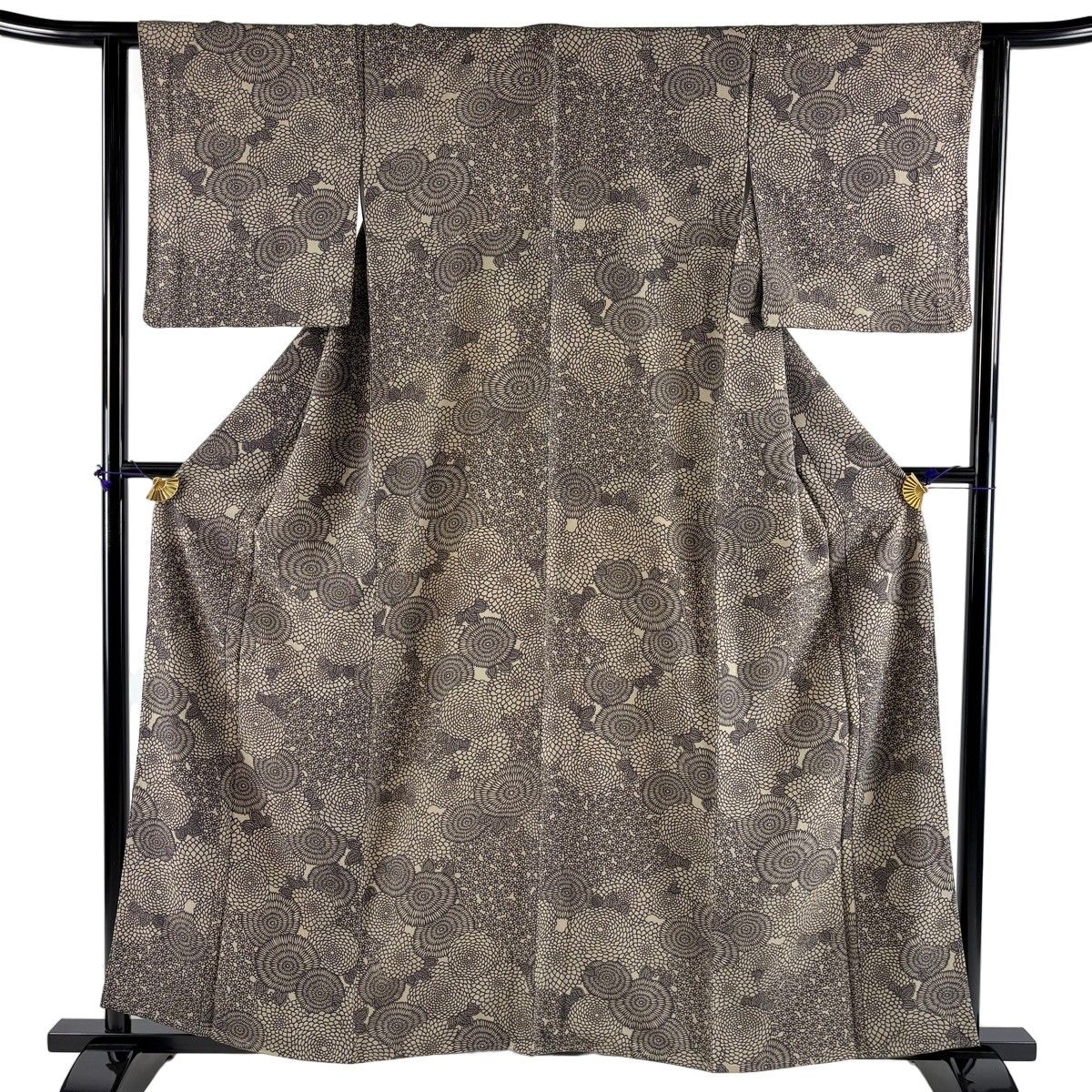 【美品】 小紋 身丈158cm 裄丈63cm S 袷 菊 灰茶 正絹 秀品 【中古】