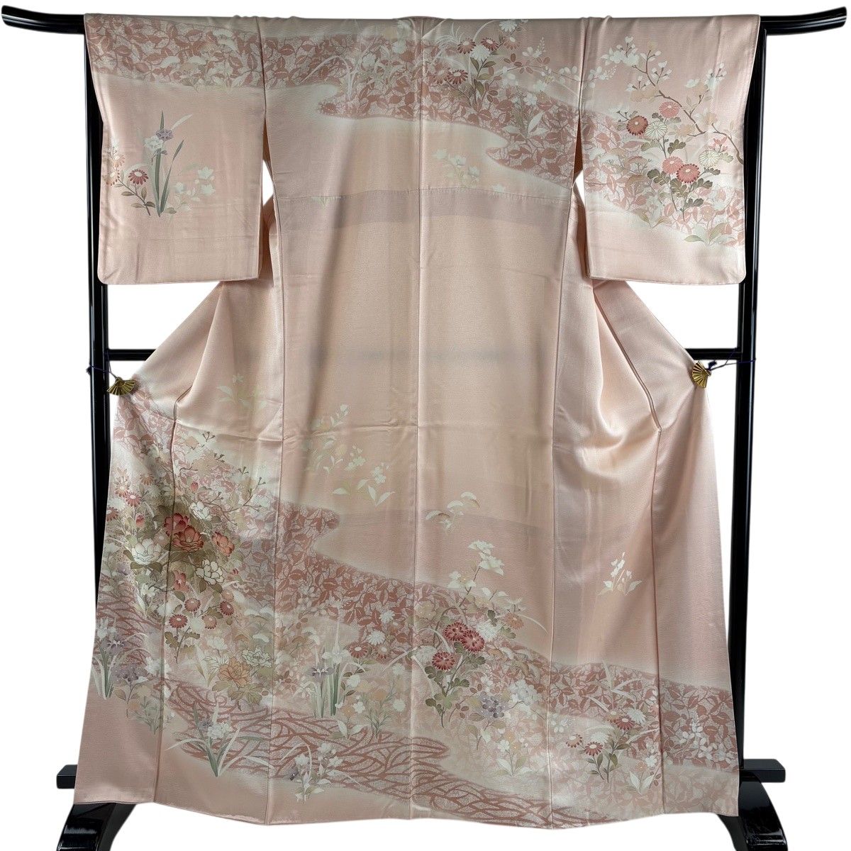 訪問着 身丈167cm 裄丈67cm M 袷 草花 霞 金糸 金彩 ピンク 正絹 秀品 