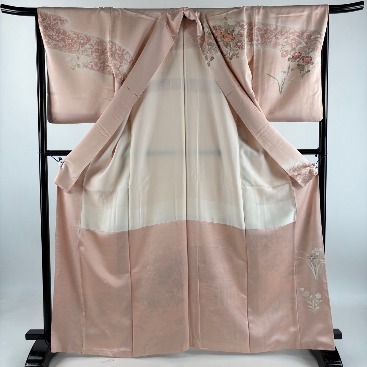 訪問着 身丈167cm 裄丈67cm M 袷 草花 霞 金糸 金彩 ピンク 正絹 秀品 