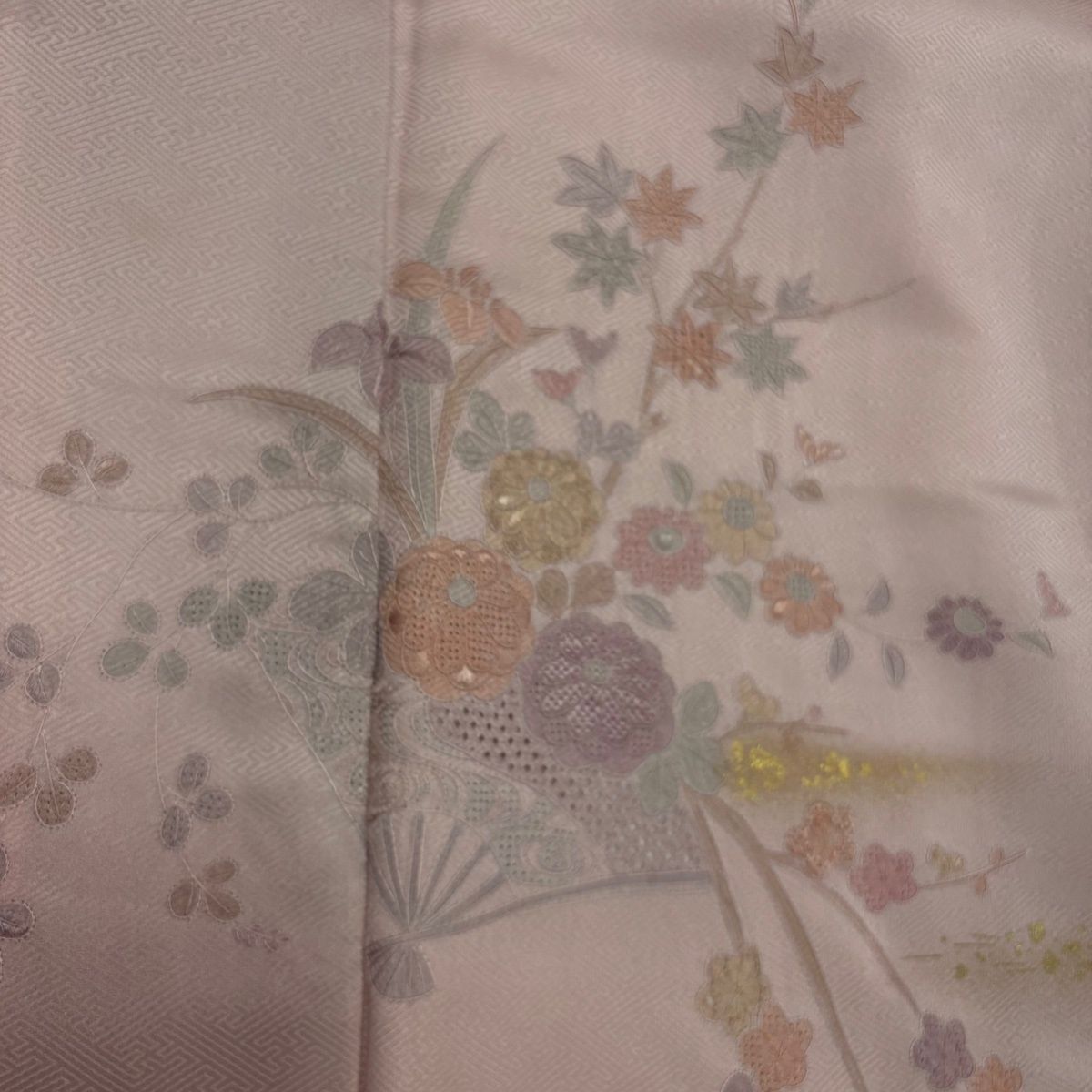 訪問着 身丈156cm 裄丈63cm S 袷 扇 枝花 金彩 刺繍 ピンク 正絹 秀品 