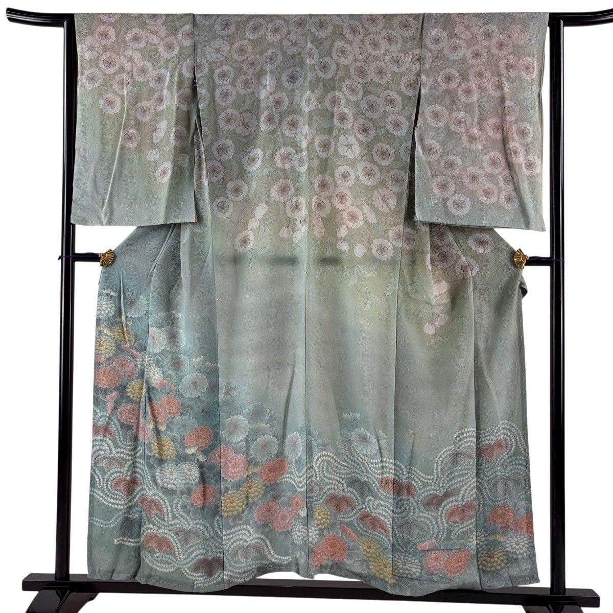 訪問着 身丈157cm 裄丈64cm M 未仕立て 仮絵羽 菊 桜 縮緬 ぼかし 灰緑 