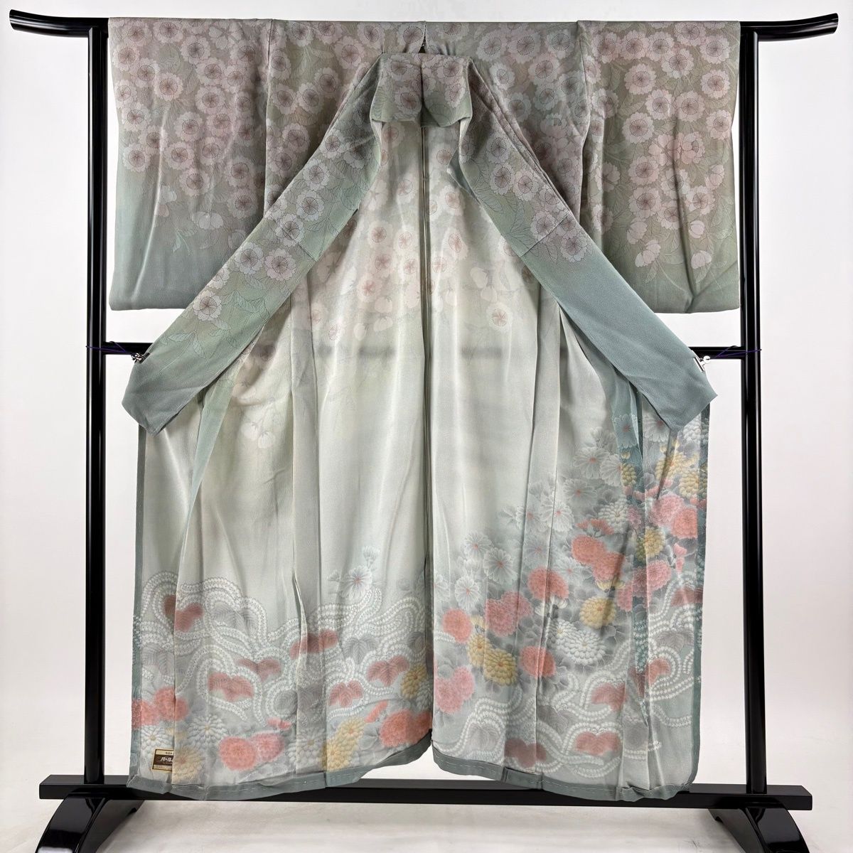 訪問着 身丈157cm 裄丈64cm M 未仕立て 仮絵羽 菊 桜 縮緬 ぼかし 灰緑 