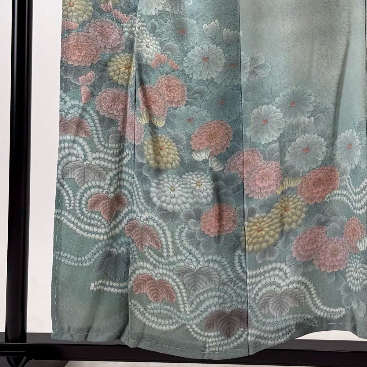 訪問着 身丈157cm 裄丈64cm M 未仕立て 仮絵羽 菊 桜 縮緬 ぼかし 灰緑 