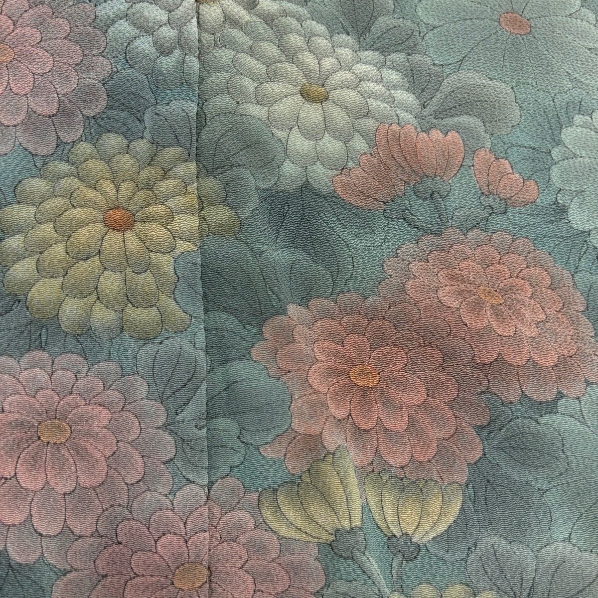 訪問着 身丈157cm 裄丈64cm M 未仕立て 仮絵羽 菊 桜 縮緬 ぼかし 灰緑 